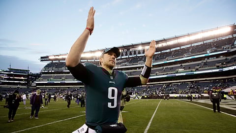 Philadelphia Eagles’ Nick Foles celebrates as he runs off the field after an NFL football game against the Houston Texans, Sunday, Dec. 23, 2018, in Philadelphia. Philadelphia won 32-30. (AP Photo/Matt Rourke)