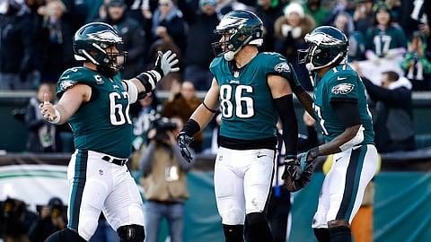 Philadelphia Eagles’ Zach Ertz (86) celebrates with Jason Kelce (62) and Alshon Jeffery (17) after a touchdown during the first half of an NFL football game against the Houston Texans, Sunday, Dec. 23, 2018, in Philadelphia. (AP Photo/Matt Rourke)