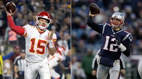 FILE - At left, in a Nov. 19, 2018, file photo, Kansas City Chiefs quarterback Patrick Mahomes throws a pass during an NFL football game against the Los Angeles Rams in Los Angeles. At right, in a Dec. 30, 2018, file photo, New England Patriots quarterback Tom Brady throws during the second half of an NFL football game in Foxborough, Mass. It seems football fans everywhere are suddenly on the Chiefs’ bandwagon, enthralled by their record-setting young quarterback and exciting offensive playmakers while hopeful that their amiable old coach can finally win the big one. Then again, maybe they’re just fans of anybody facing New England.(AP Photo/File)