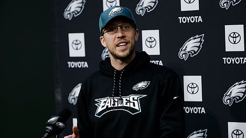 Philadelphia Eagles quarterback Nick Foles speaks with members of the media during a news conference at the team’s NFL football training facility in Philadelphia, Wednesday, Jan. 2, 2019. (AP Photo/Matt Rourke)