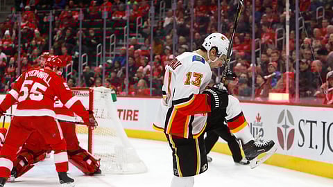 Calgary Flames left wing Johnny Gaudreau (13) celebrates a goal..