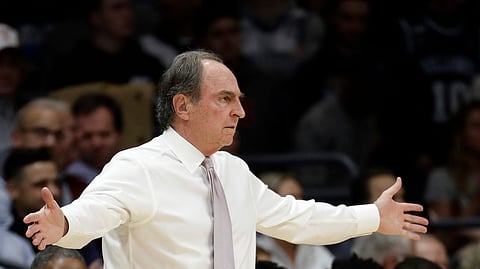 Temple head coach Fran Dunphy reacts to a call during the first half of an NCAA college basketball game against Villanova, Wednesday, Dec. 5, 2018, in Villanova, Pa. (AP Photo/Matt Slocum)