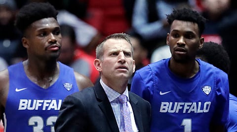 Buffalo head coach Nate Oats reacts as he looks up the score board during the second half of an NCAA college basketball game against Northern Illinois, Tuesday, Jan. 22, 2019, in DeKalb, Ill. Northern Illinois won 77-75. (AP Photo/Nam Y. Huh)