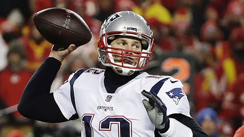 New England Patriots quarterback Tom Brady (12) throws a pass during the second half of the AFC Championship NFL football game against the Kansas City Chiefs, Sunday, Jan. 20, 2019, in Kansas City, Mo. (AP Photo/Elise Amendola)