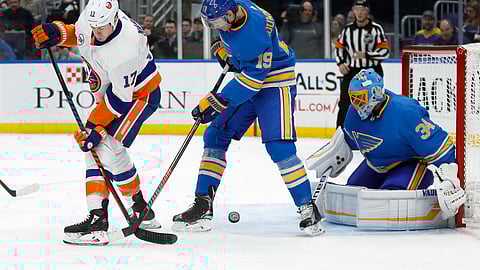 The St. Louis Blues defend their goal.