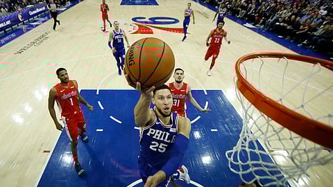 Philadelphia 76ers’ Ben Simmons (25) is working toward a huge pay day in Philadelphia. (AP Photo/Matt Slocum)