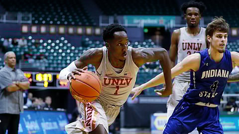UNLV guard Kris Clyburn (1) runs to the basket against Indiana State during the second half of an NCAA college basketball game at the Diamond Head Classic, Sunday, Dec. 23, 2018, in Honolulu. (AP Photo/Marco Garcia)