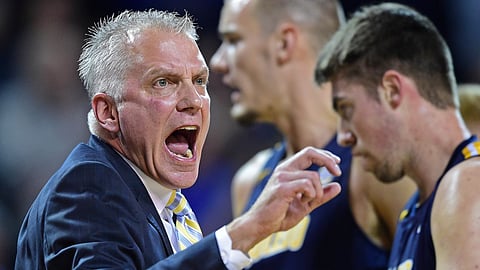 Toledo head coach Tod Kowalczyk reacts to a call during the first half of an NCAA college basketball game against Buffalo, Tuesday, Jan. 8, 2019, in Amherst, New York. (AP Photo/David Dermer)