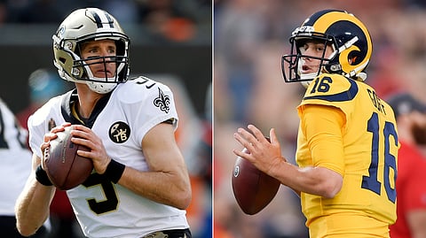 FILE - At left, in a Nov. 11, 2018, file photo, New Orleans Saints quarterback Drew Brees looks to pass in the first half of an NFL football game against the Cincinnati Bengals in Cincinnati. At right, in a Nov. 19, 2018, file photo, Los Angeles Rams quarterback Jared Goff warms up before an NFL football game against the Kansas City Chiefs in Los Angeles. The Rams and Saints will play in the NFC conference championship on Sunday, Jan. 20, in New Orleans. (AP Photo/File)