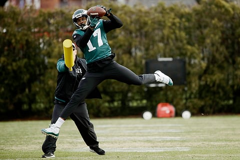 Philadelphia Eagles’ Alshon Jeffery catches a pass during practice at the team’s NFL football training facility in Philadelphia, Thursday, Jan. 3, 2019. (AP Photo/Matt Rourke)