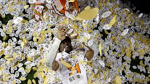 Clemson’s Travis Etienne celebrates after the NCAA college football playoff championship game against Alabama, Monday, Jan. 7, 2019, in Santa Clara, Calif. Clemson beat Alabama 44-16. (AP Photo/David J. Phillip)