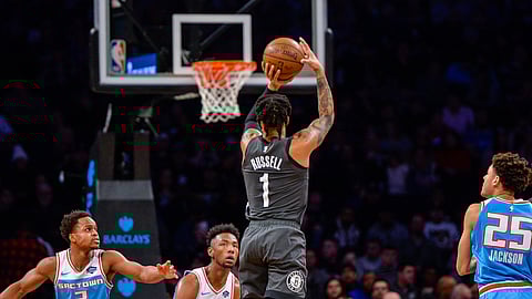 Brooklyn Nets guard D’Angelo Russell (1) shoots a jumper during the first half of an NBA basketball game against the Sacramento Kings, Monday, Jan. 21, 2019, in New York. (AP Photo/Howard Simmons)
