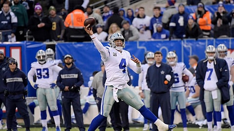 Dallas Cowboys quarterback Dak Prescott throws the ball during the second half of an NFL football game against the New York Giants, Sunday, Dec. 30, 2018, in East Rutherford, N.J. The Cowboys defeated the Giants 36-35. (AP Photo/Bill Kostroun)