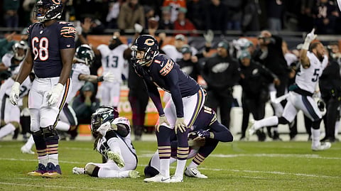 Chicago Bears kicker Cody Parkey (1) reacts after missing a field goal in the closing minute during the second half of an NFL wild-card playoff football game against the Philadelphia Eagles Sunday, Jan. 6, 2019, in Chicago. The Eagles won 16-15. (AP Photo/Nam Y. Huh)