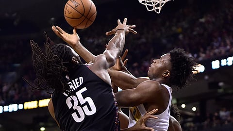 Toronto Raptors forward OG Anunoby (3) is fouled by Brooklyn Nets forward Kenneth Faried (35) during second-half NBA basketball game action in Toronto, Friday Jan. 11, 2019. (Frank Gunn/The Canadian Press via AP)