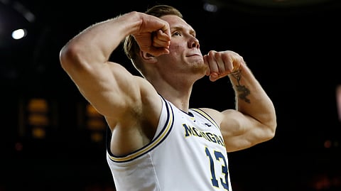 Michigan forward Ignas Brazdeikis poses after hitting a basket during the second half of the team’s NCAA college basketball game against the Penn State in Ann Arbor, Mich., Thursday, Jan. 3, 2019. (AP Photo/Paul Sancya)