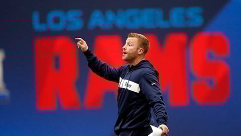 Los Angeles Rams head coach Sean McVay directs his players during a practice for the NFL Super Bowl 53 football game against the New England Patriots Wednesday, Jan. 30, 2019, in Flowery Branch, Ga. (AP Photo/John Bazemore)