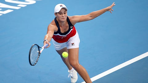 Ash Barty of Australia hits a forehand to Elise Mertens of Belgium during their women’s singles match at the Sydney International tennis tournament in Sydney, Thursday, Jan. 10, 2019. (AP Photo/Rick Rycroft)