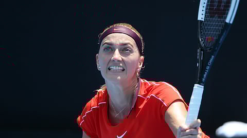 Petra Kvitova of Czech Republic hits a forehand to Aryna Sabalenka of Belarus during their women’s singles match at the Sydney International tennis tournament in Sydney, Tuesday, Jan. 8, 2019. (AP Photo/Rick Rycroft)