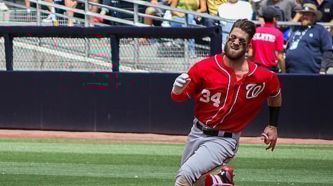 Bryce Harper rounds second while hitting a Triple vs SD Padres, May 17, 2015.