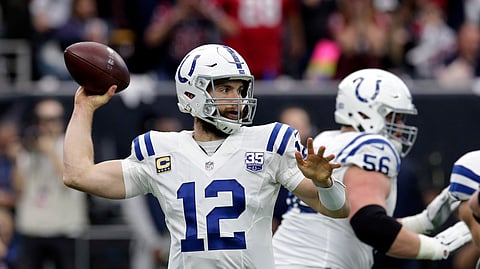 Indianapolis Colts quarterback Andrew Luck (12) throws against the Houston Texans during the first half of an NFL wild card playoff football game, Saturday, Jan. 5, 2019, in Houston. (AP Photo/Michael Wyke)
