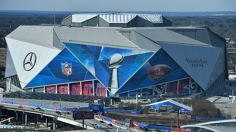 The Mercdes-Benz Stadium is seen ahead of the Super Bowl LIII, Wednesday, Jan. 30, 2019, in Atlanta. (AP Photo/Mike Stewart)