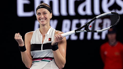 Petra Kvitova of the Czech Republic celebrates after defeating United States’ Danielle Collins in their semifinal at the Australian Open tennis championships in Melbourne, Australia, Thursday, Jan. 24, 2019. (AP Photo/Kin Cheung)
