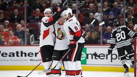 Bobby Ryan is congratulated by teammates after one of the Senators’ seven goals Monday
