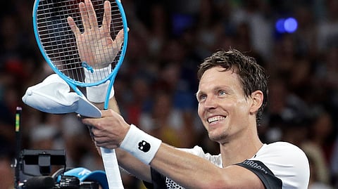Tomas Berdych wasn't celebrating today at the U.S. Open as he was upset by American Jenson Brooksby. (AP Photo/Aaron Favila)