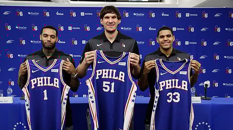 From left, Mike Scott, Boban Marjanovic, and Tobias Harris in their first Sixers press conference Thursday