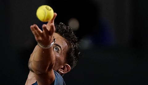 Austria’s Dominic Thiem serves the ball to Serbia’s Laslo Djere during the Rio Open tennis tournament, Tuesday, Feb. 19, 2019. Thiem lost. (AP Photo/Leo Correa)