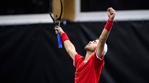 Russia’s Karen Khachanov plays at the Citi Open in Washington, DC, July 30, 2019. (Adrien Perritaz/Keystone via AP)