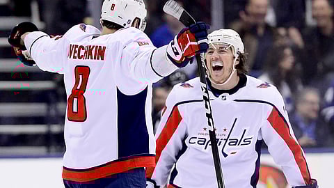 Washington Capitals left wing Alex Ovechkin celebrates his goal with teammate T.J. Oshie against the Toronto Maple Leafs in Toronto. (Frank Gunn/The Canadian Press via AP)