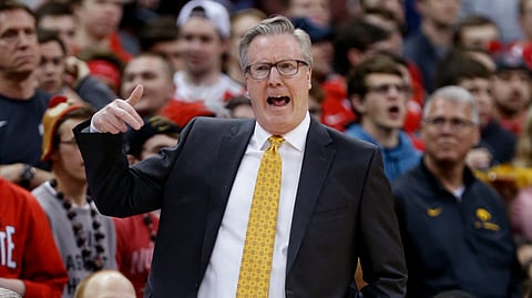 Iowa coach Fran McCaffery reacts to a call during the first half of the team’s NCAA college basketball game against Ohio State. (AP Photo/Paul Vernon)