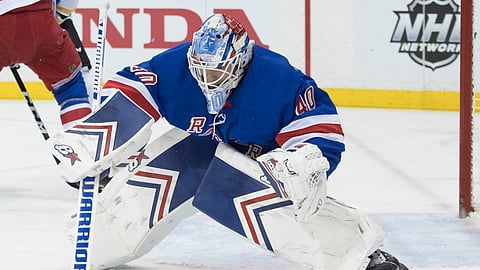 New York Rangers goaltender Alexandar Georgiev makes a save against the Boston Bruins, Wednesday, Feb. 6, 2019 (AP Photo/Mary Altaffer)