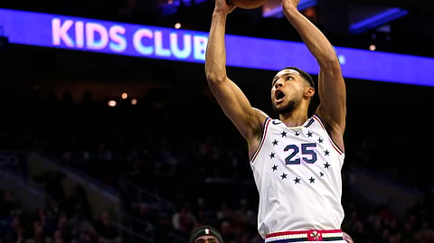 Philadelphia 76ers guard Ben Simmons takes a shot during the first half on an NBA basketball game against the Portland Trail Blazers (Laurence Kesterson)