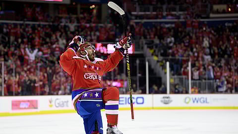 Washington Capitals defenseman Michal Kempny celebrates his goal against the New York Rangers, Sunday, Feb. 24, 2019, in Washington. (AP Photo/Nick Wass)