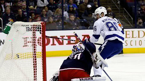 Tampa Bay’s Nikita Kucherov scores on Blue Jackets goalie Joonas Korpisalo Monday