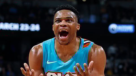 Oklahoma City’s Russell Westbrook seems to have a question for the referees in a game against the Nuggets Tuesday (David Zalubowski)