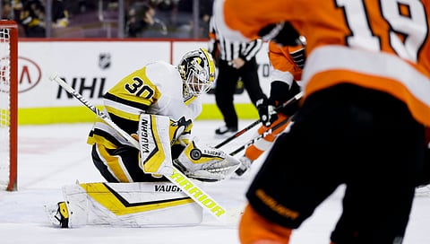 Penguins’ Matt Murray stops one of the Flyers’ 28 second-period shots Monday