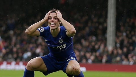 Chelsea’s Cesar Azpilicueta gestures during the English Premier League soccer match between Fulham and Chelsea, Sunday, March 3, 2019. (Tim Ireland)