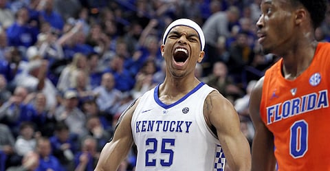 Kentucky’s PJ Washington reacts after being fouled near Florida’s Mike Okauru on March 9 (James Crisp)