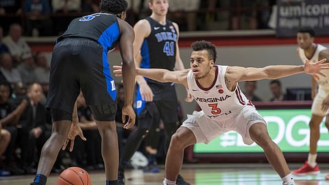 Virginia Tech’s Wabissa Bede defends against Duke forward RJ Barrett during an NCAA college basketball game Tuesday, Feb. 26, 2019. (Lee Luther Jr.)