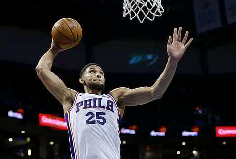 Philadelphia 76ers guard Ben Simmons goes up for a dunk against the Oklahoma City Thunder on Thursday, Feb. 28, 2019, in Oklahoma City. (AP Photo/Sue Ogrocki)
