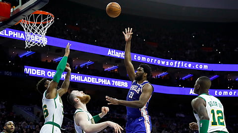 Sixers’ Joel Embiid floats on in against the Celtics Wednesday (Matt Slocum)