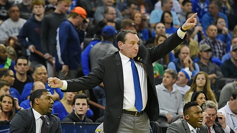 Duke head coach Mike Krzyzewski gestures in game against North Dakota State Friday (Richard Shiro)