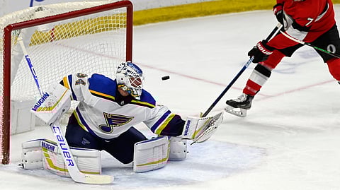 St. Louis goaltender Jake Allen eyeballs the puck during a game against the Senators Thursday (Justin Tang/The Canadian Press)