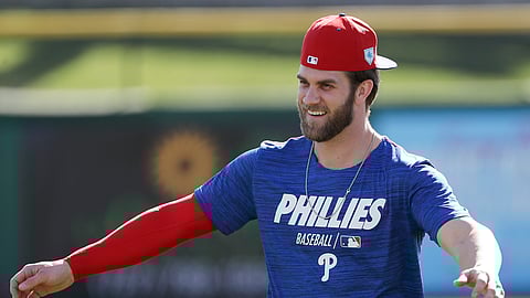 Philadelphia Phillies outfielder Bryce Harper warms up during baseball practice Sunday, March 3, 2019 in Clearwater, Fla. (Yong Kim/The Philadelphia Inquirer via AP)