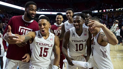 Temple celebrates after beating Central Florida 67-62, Saturday, March 9, 2019, in Philadelphia. (AP Photo/Chris Szagola)
