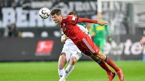 Bayern’s Thomas Mueller heads ball against Borussia Moenchengladbach on March 2 (Martin Meissner)